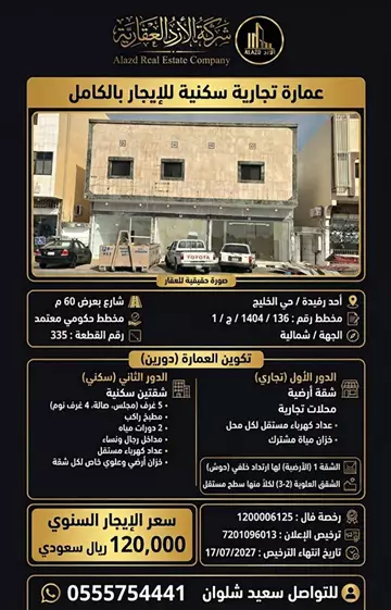 عمارة سكني للإيجار في حي الخليج في أحد رفيدة