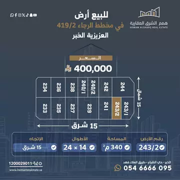 أرض سكني للبيع في حي الرجاء في الخبر