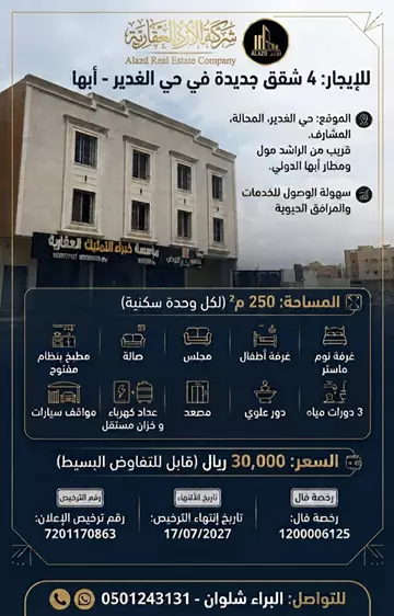 عمارة سكني للإيجار في حي الغدير في ابها