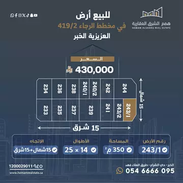 أرض سكني للبيع في حي الرجاء في الخبر
