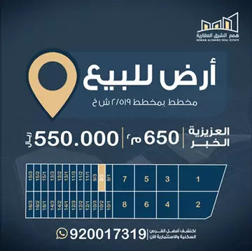 أرض سكني للبيع في حي العقيق في الخبر