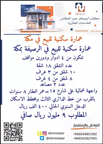 عمارة سكني للبيع في حي الرصيفة في مكة المكرمة