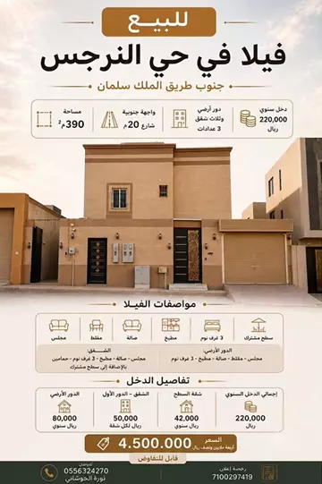 فيلا سكني للبيع في حي النرجس في شمال الرياض