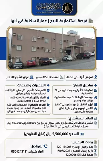 عمارة سكني للبيع في حي الصفا في ابها